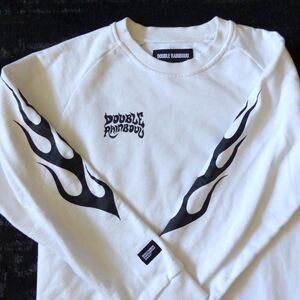 Double Rainbouu Couch Surf Sweater Mens M White Flame Sleeves Skate Rock Grunge